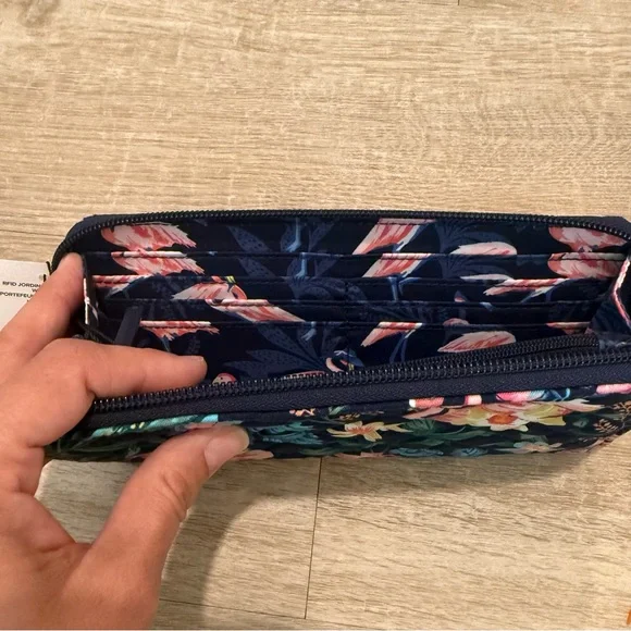 Vera Bradley Navy Floral Flamingo Zip Wallet with Pink Accents - Picture 8 of 11